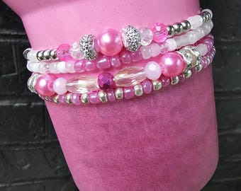 Pink & White Sparkle Stanley Tumbler Boot Bracelets | 4-Pack Tumbler Accessories | Crystal Crush | Cherry Blossom