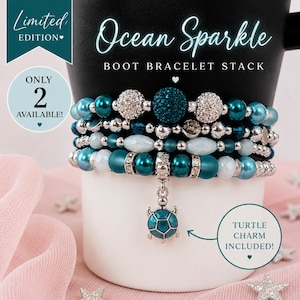 Limited Edition Ocean Sparkle Stanley Boot Bracelet Stack | Teal Turtle Charm | 4-Pack Tumbler Accessories | 40oz & 30oz Cup Bracelet