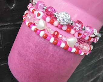 Valentine Pink & Red Sparkle Stanley Bracelet Stack | 4-Pack | Tumbler Accessories | Boot not Included