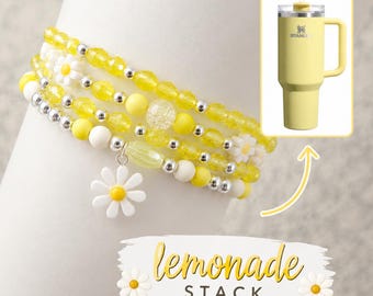 Set di 4 braccialetti impilabili Stanley con ciondolo a forma di stivale e fiori gialli e argento / Accessori per bicchieri / STIVALE NON INCLUSO