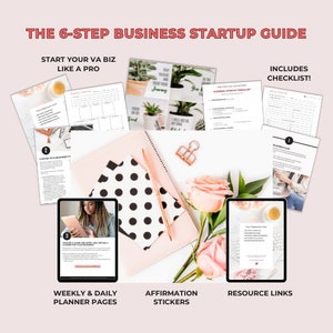 Può includere: Una guida di avvio aziendale in 6 passaggi per assistenti virtuali, che include una checklist, pagine di pianificazione, adesivi di affermazione e link alle risorse. La guida include una varietà di fogli di lavoro stampabili e risorse per aiutarti ad avviare e far crescere la tua attività di VA.