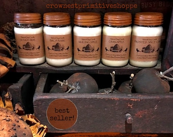 16 ounce Natural Soy Candles- Hand poured in Mason Jars Primitive Farmhouse Rusty Lid Lots of Scents to Choose from~ Best Seller!