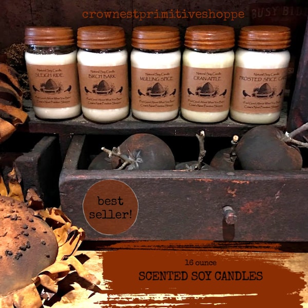 16 ounce Natural Soy Candles- Hand poured in Mason Jars Primitive Farmhouse Rusty Lid Lots of Scents to Choose from~ Best Seller!