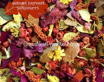 May include: A vibrant mix of autumn potpourri with the text "autumn harvest potpourri." The arrangement includes dried leaves in shades of red, purple, and yellow, along with small orange gourds and yellow flowers. The text "CrowsNestPrimitiveShoppe" is also visible.