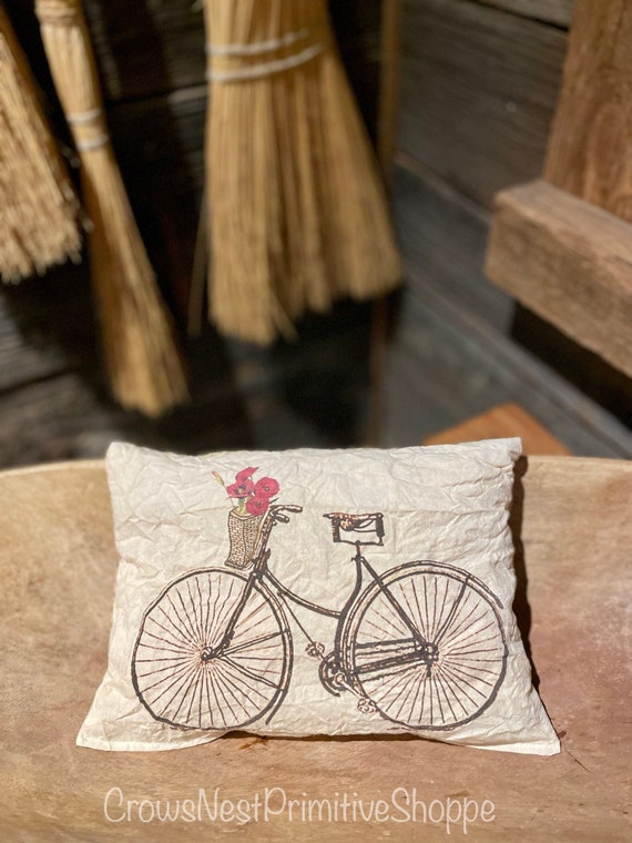 Handmade Country Primitive Pillow Stuffed with Pine Shaving for Farmhouse  Look ~ Adorable Bicycle with Flowers Print
