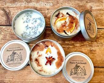 8 ounce Pure Essential Oil WICK-LESS Natural Soy Candle in Tin with many Scents to Choose from Easy Travel & Primitive Gifts Free Shipping!