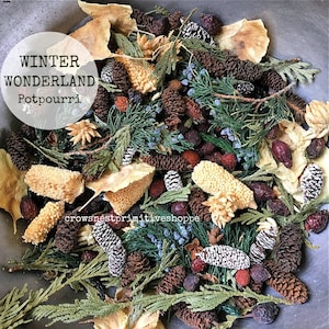 May include: A mix of natural potpourri elements, including pine cones, dried leaves, and berries. The arrangement features green sprigs, beige seed pods, and cones with white and black accents. The text "WINTER WONDERLAND Potpourri" is visible in a white circle.