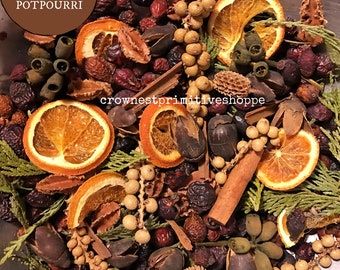 Country Home Potpourri Farmhouse Primitive Blend rosehips, berries, spices, pods, greens & sliced oranges scented your choice of fragrance