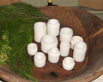 Primitive Antique Gathering- 11 Vintage White Glass jar COLLECTION in different sizes and shapes