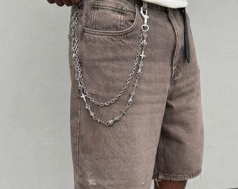Cadena para billetera con calavera y cruz gótica: cadena plateada para vaqueros estilo punk motero