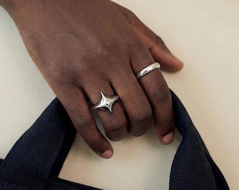 Four Point Star Ring, Chunky Silver Adjustable Open Ring