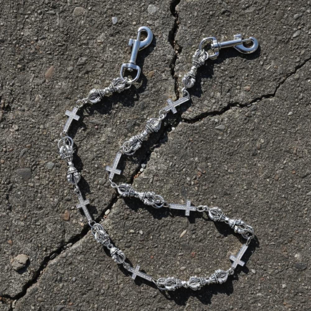 Gothic Cross Skull Wallet Chain: Silver Biker Punk Jean Chain