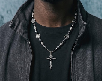 Gothic Thorn Cross Rosary Necklace, Y2K Dark Streetwear, Beaded Chain Jewelry