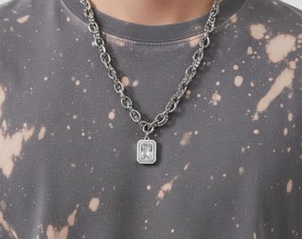 Chunky Silver Chain Necklace: Crystal Pendant, Titanium Steel Rope Chain