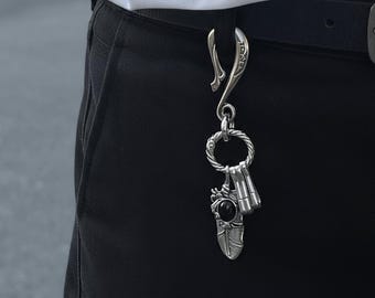 Gothic Feather Keychain: Black Onyx Stone, Silver Belt Clip