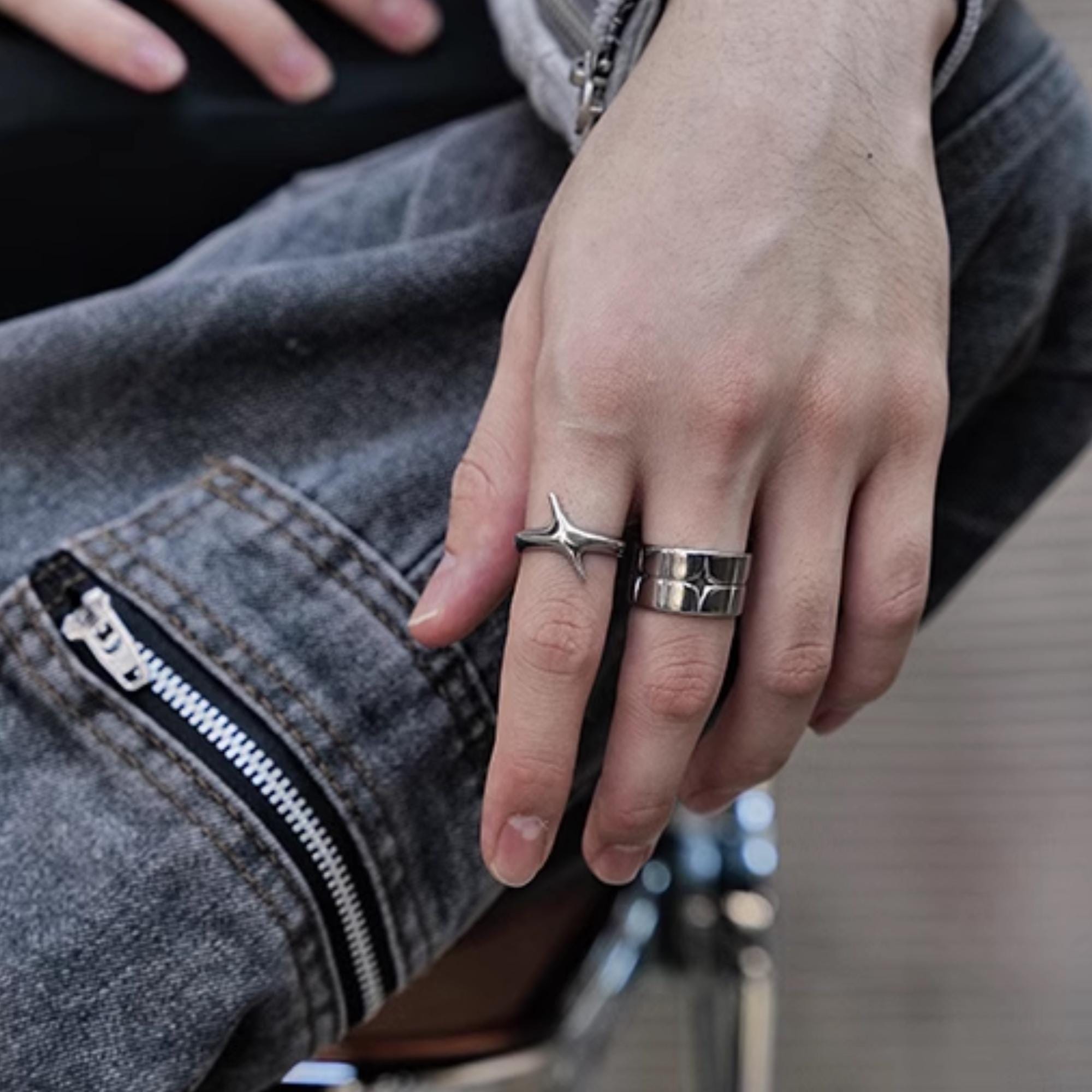 セットアップ Rings, Silver Stars Y2k Irregular Retro Y2k Ring, Star アクセサリー