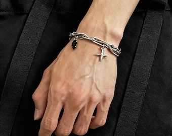 Pulsera con dije de estrella y cruz: cadena de acero inoxidable Y2K