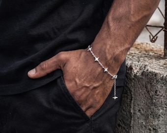 Y2K Silver Star Bracelet for Men, Dainty North Star Charm Chain, Unisex Layering Bracelet, Vintage Grunge Streetwear Jewelry