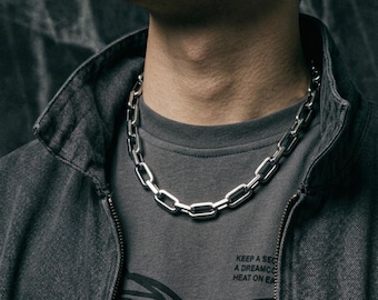 Cuban Link Chain Necklace: Titanium Steel, Silver Tone, O-Ring Clasp Statement Jewelry