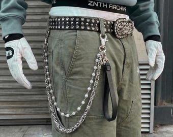 Doppellagige Perlenbörse Kette: Grunge Jeans Schlüsselanhänger