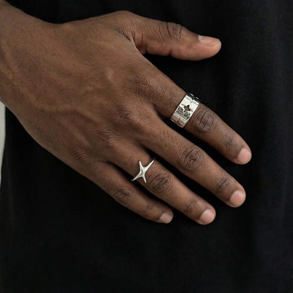 Y2K Star Ring, Titan Stahl Celestial Band, Herren Minimalist Style