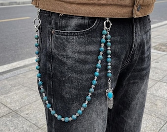 Turquoise Wallet Beaded Wallet Chain, y2k Jean Chain Y2K, Feather Pants Chain Belt, Chain Vintage Bohemian Chain Alternative Unisex Gift