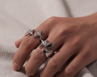 Y2K Star Ring Set: Cubic Zirconia, Stainless Steel Irregular Rings