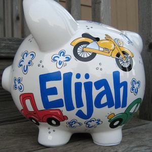 Cars, Trucks and Motorcycles Personalized Piggy Bank