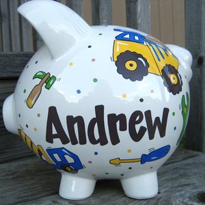 Large-Custom Personalized Piggy Bank-Construction Theme