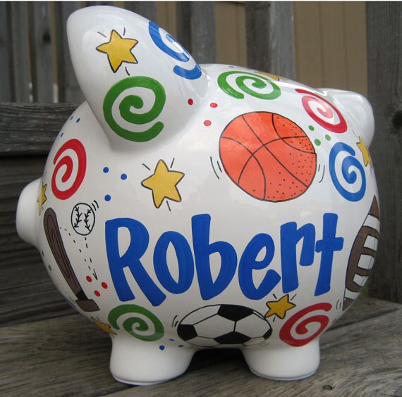 Large Personalized Sports Piggy Bank- Red/Blue/Green