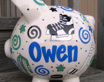 Large Hockey Fund Piggy Bank- Personalized Blue and Green