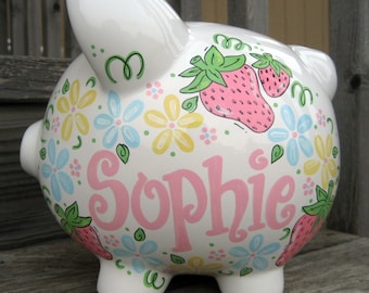 Sweet Strawberries and Flowers Large Personalized Piggy Bank