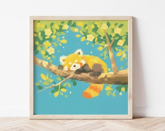 Sleeping Red Panda Print, Nursery Wall Art, Animal Illustration