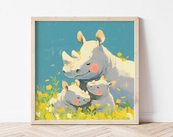 Rhino Family Illustration of Rhino Nursery Print of Rhino Art Gifts of Rhino Wall Décor of Rhino Poster of Rhinocero Wall Art