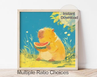 Digital Capybara Watermelon Art Print, Summer Nursery Art Decor, Printable Animal Illustration
