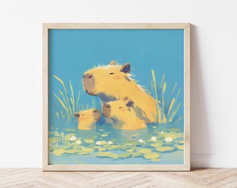 Capybara Illustration Druck - Niedliches Capybara Badende Wand Kunst, Familie Tier Dekor, beruhigende Natur Poster für Zuhause & Geschenke