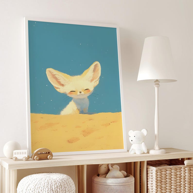 May include: A digital painting of a cute, smiling fennec fox with large ears, sitting in a bed of sand against a blue background with white stars.
