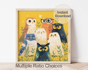 Digital Owl Nursery Art Print, Christmas Gift, Instant Download Animal Illustration, Kids Room Decor