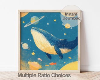 Digital Whale Illustration, Galaxy Wall Art, Roaming Whale Decor, Universe Nursery Gift
