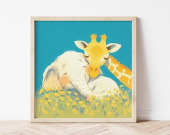 Baby Elephant Giraffe Friends Wall Art Print, Cute Safari Animal Nursery Decor, Whimsical Best Friend Illustration, Kids Room Poster Gift