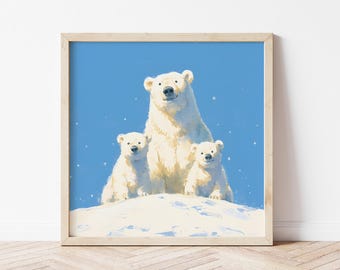 Polar Bear Family Art Print, Minimalist Animal Nursery Decor