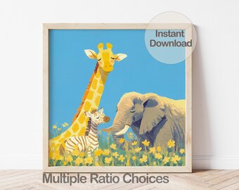 Digital Safari Animal Nursery Art, Baby Elephant Giraffe Zebra Print, Whimsical Savanna Art, Gender Neutral Kids Room Jungle Decor