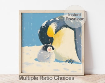 Digital Baby Penguin Print, Printable Arctic Animal Nursery Wall Art, Penguin Illustration