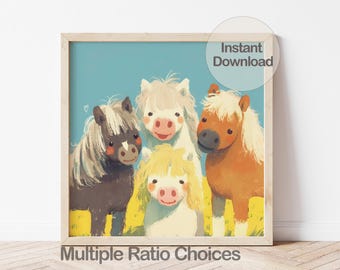 Digital Shetland Pony Art Print, Animal Nursery Decor for Kids Room, Printable Horse Illustration