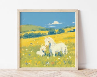 White Pony Mother Baby Wall Art Print, Cute Horse Nursery Decor, Wildflower Meadow Illustration, Whimsical Animal Poster, Kids Room Gift