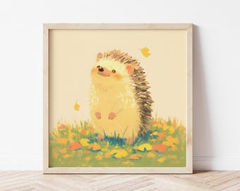 Hedgehog Illustration, Animal Nursery Print, Friends Gifts, Maple Leaf Autumn Poster