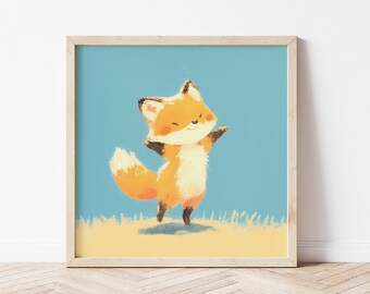 Dancing Red Fox Wall Art Print, Cute Animal Illustration for Kids Room, Whimsical Fox Poster