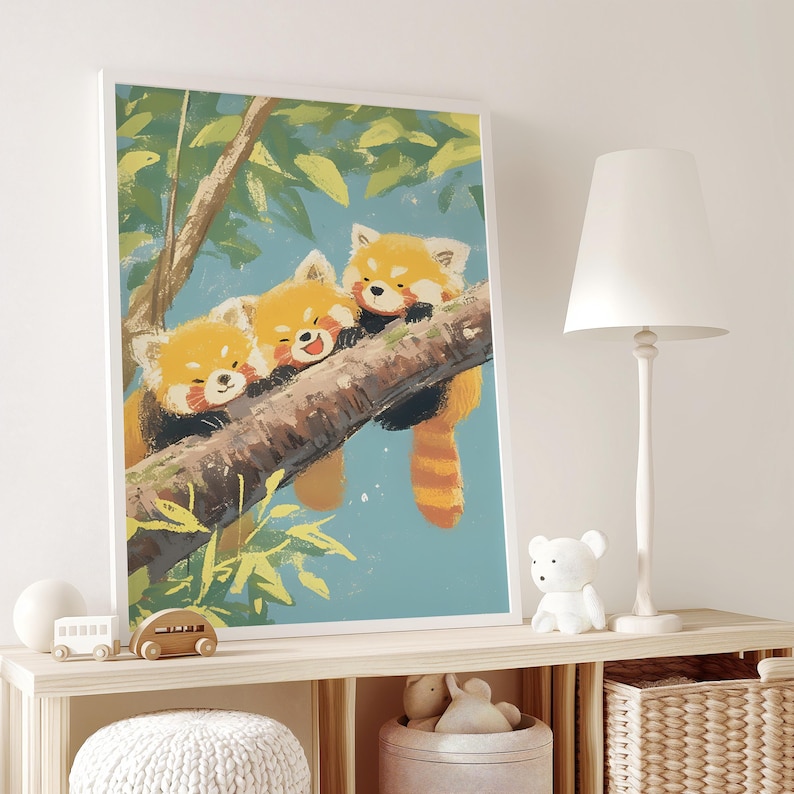 May include: Three red pandas are cuddling on a tree branch. The pandas are orange and white with black markings. The tree branch is brown and has green leaves. The background is a light blue sky.