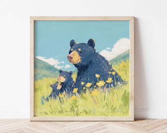 Black Bear Cubs Art Print, Animal Nursery Decor