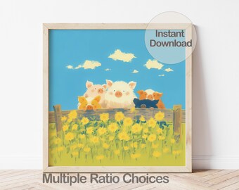 Digital Pigs Wall Art, Farm Animal Illustration, Printable Piglet and Wildflowers Art Print